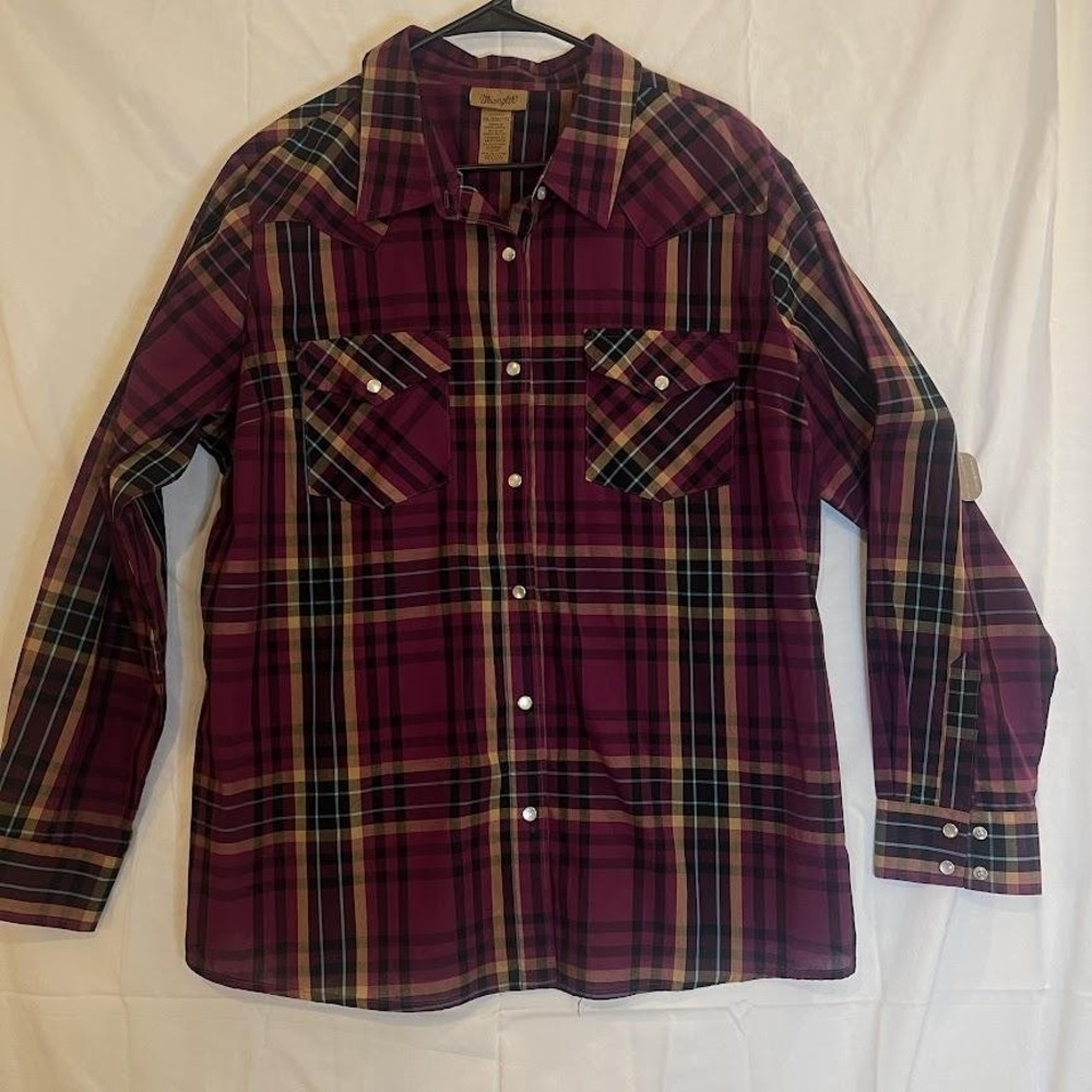 Wrangler Shirt Mens 2XL Plaid Western Pearl Snap Long Sleeve Cowboy Rodeo PURPLE